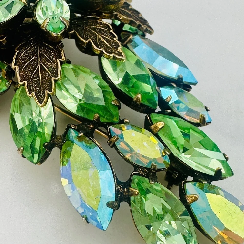 Vintage Signed Regency Brooch Pin Green Blue AB Navette Rhinestone Rare 50s 60s